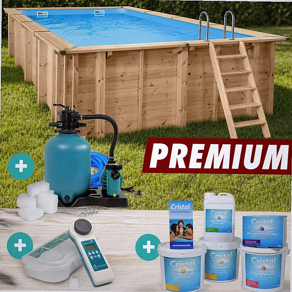 Holzpool Bali Rechteck Auswahl Komplett-Set Sandfilter Pumpe Pflege Leiter