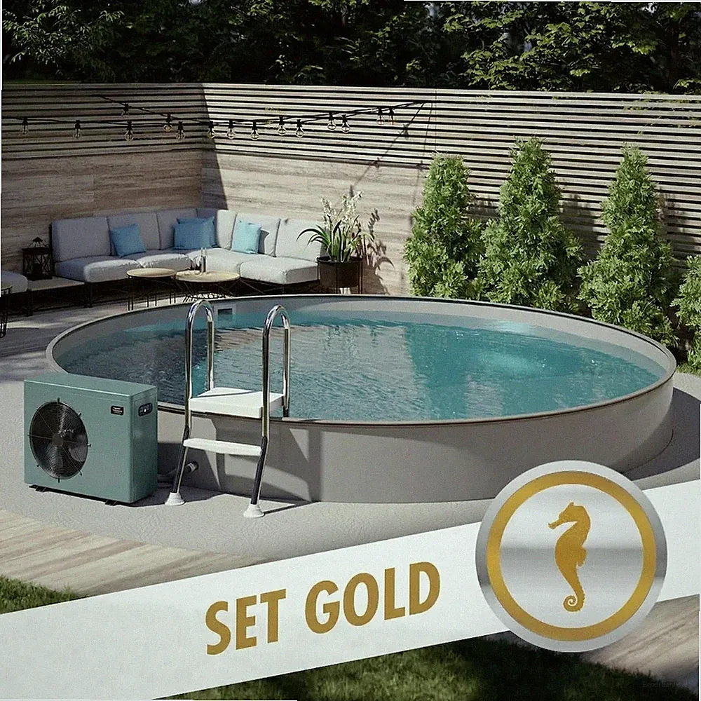Pool Komplettset Rund 450x120 Anthrazit Teilversenkt mit Wärmepumpe Sandfilter