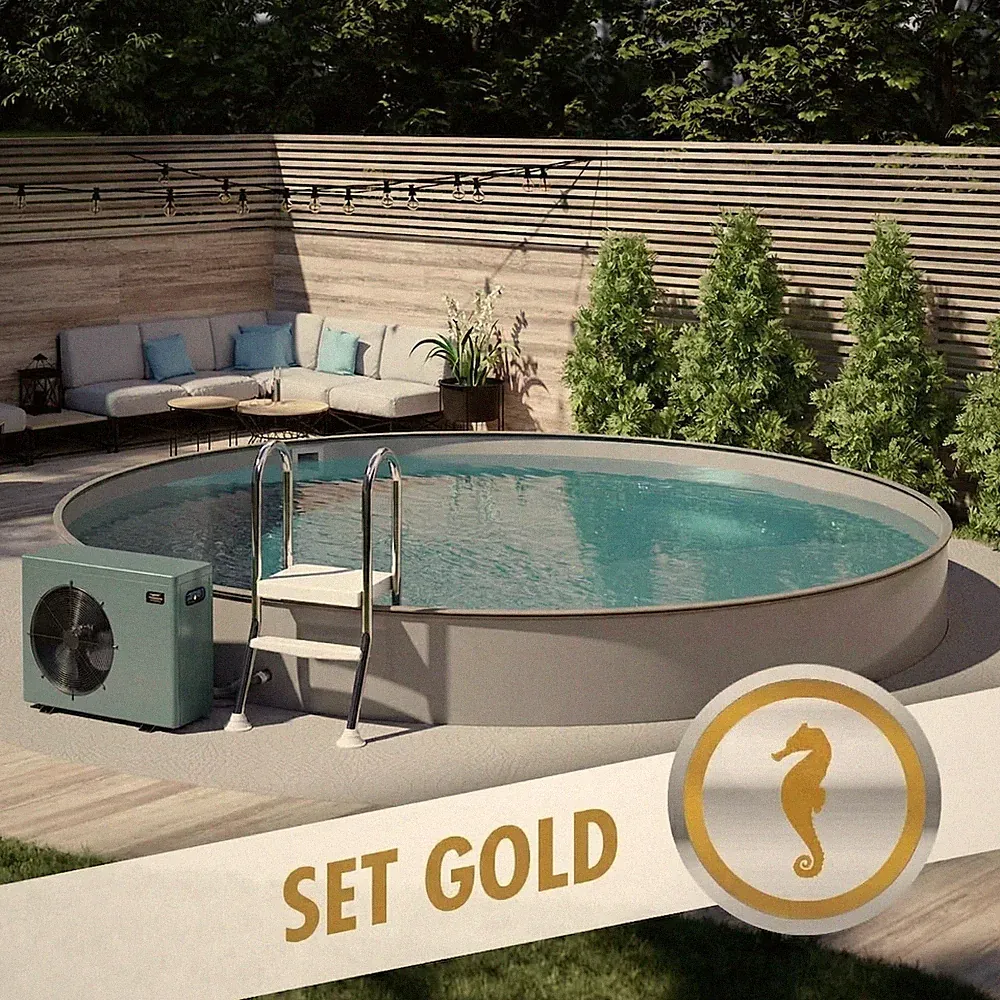 Pool Komplettset Rund 450x120 Anthrazit Teilversenkt mit Wärmepumpe Sandfilter